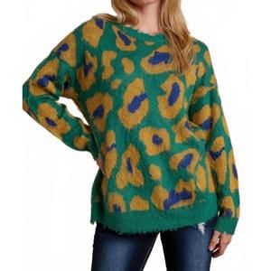 NEW TRENDSI umgee full size leopard destroyed rib band sweater plus size in gree